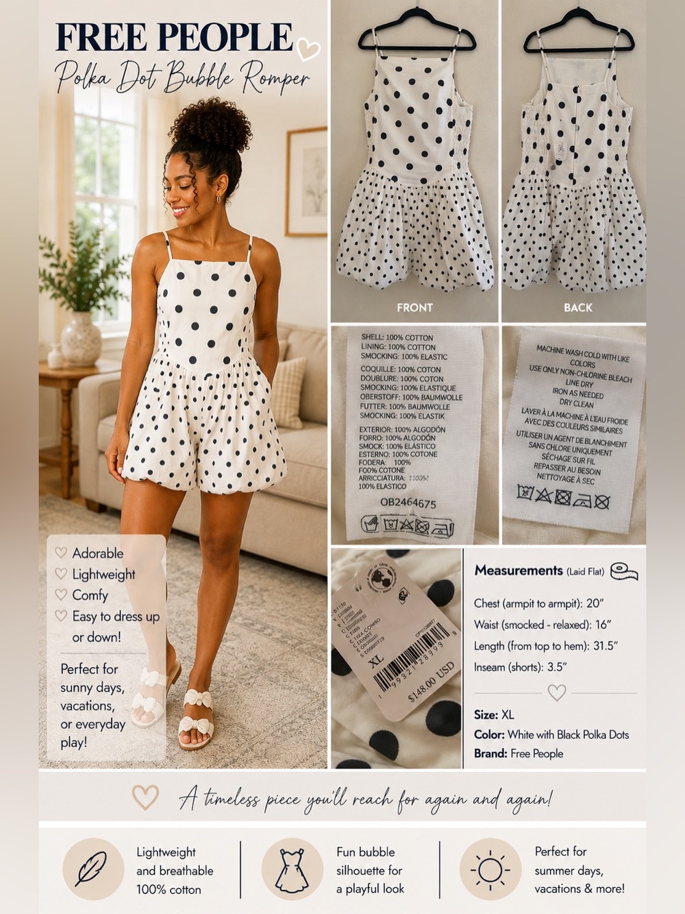 Free People Polka Dot Bubble Romper XL – NWT $148